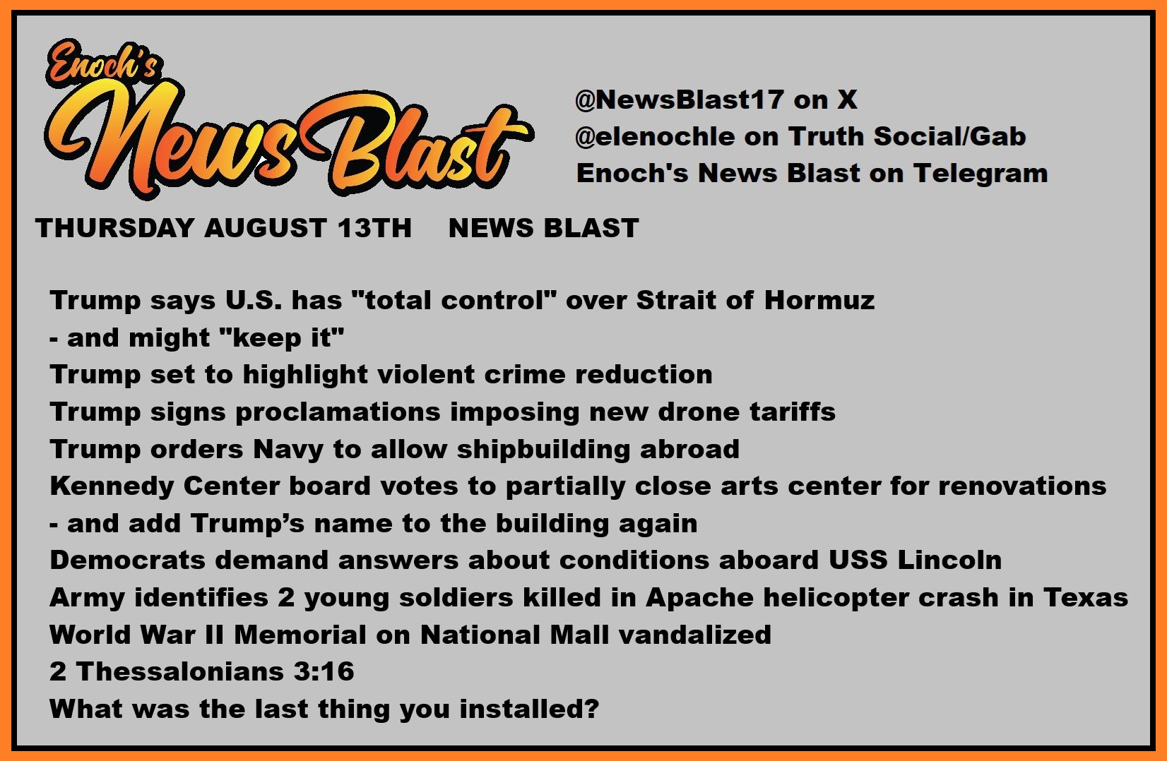 News Blast graphic for Thursday, August 13th