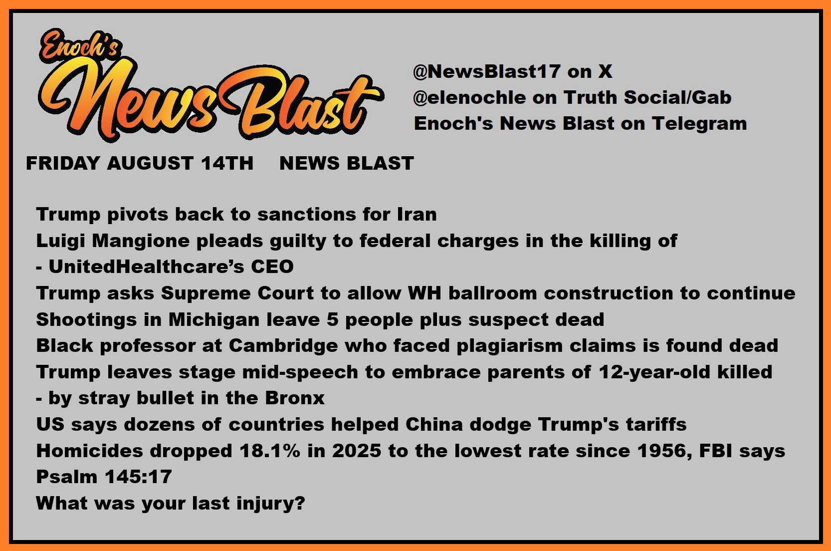 News Blast graphic for Friday, August 14th