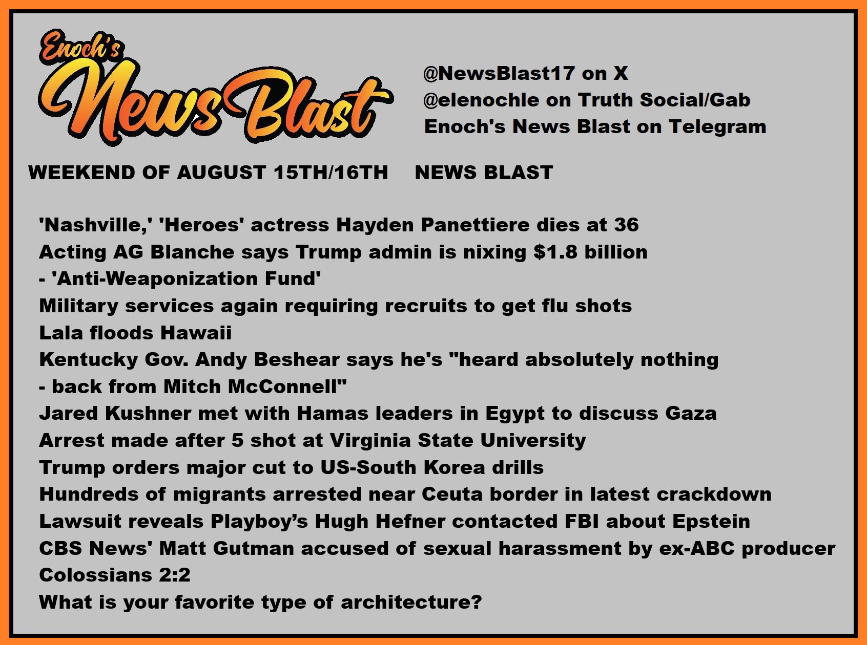 News Blast graphic for Weekend of August 15th / 16th