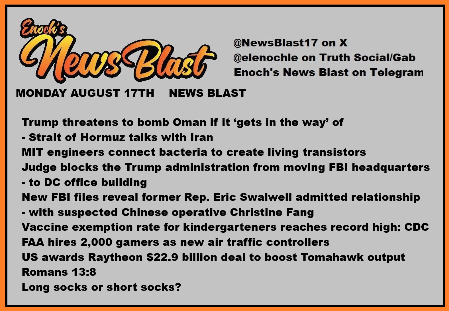 News Blast graphic for Monday, August 17th