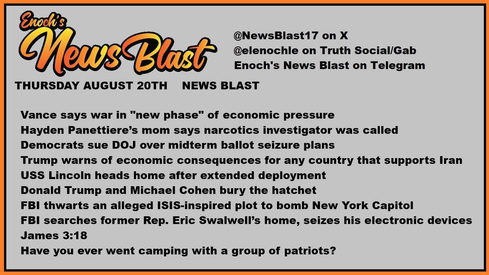 News Blast graphic for Thursday, August 20th