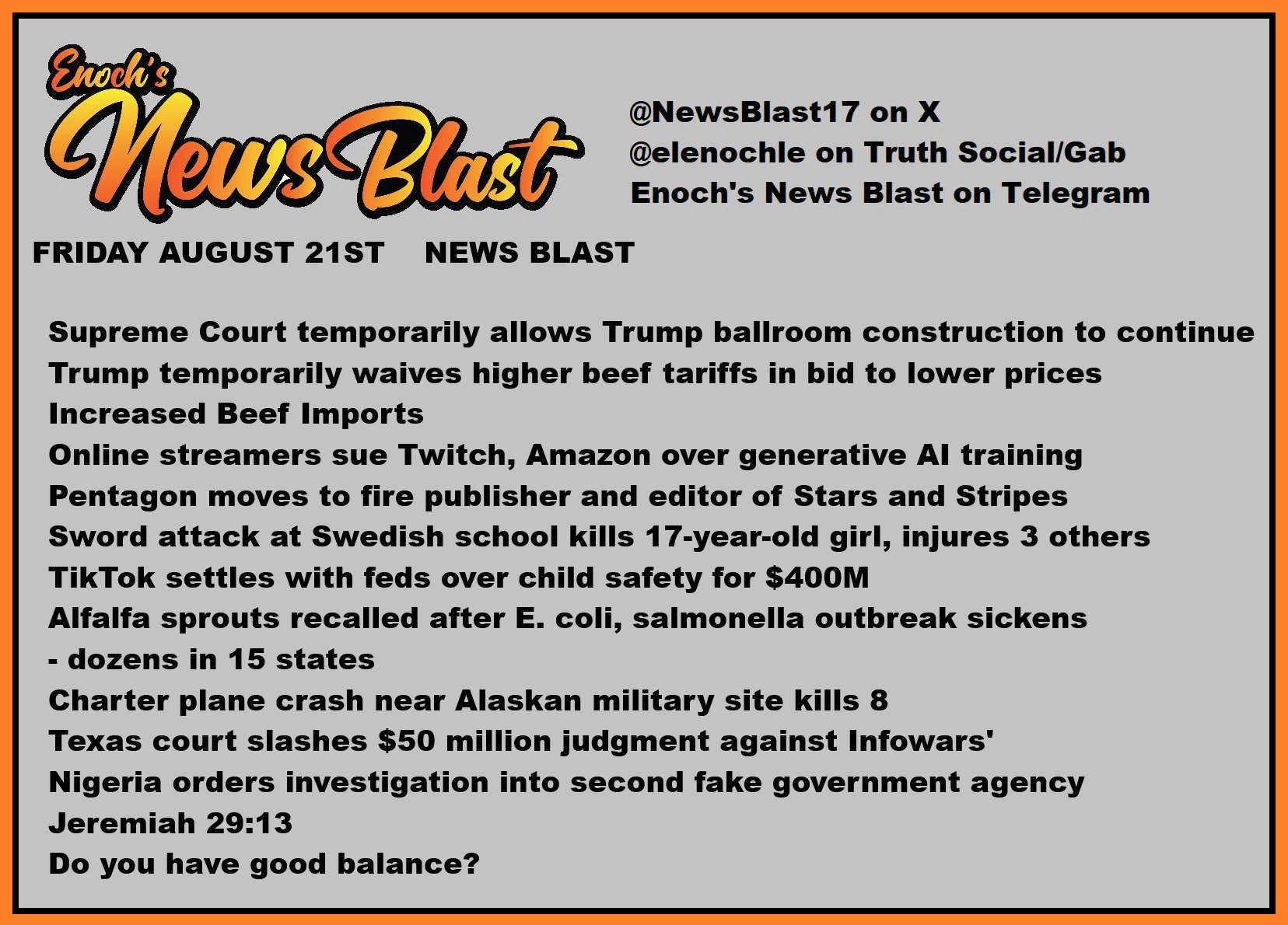 News Blast graphic for Friday, August 21st